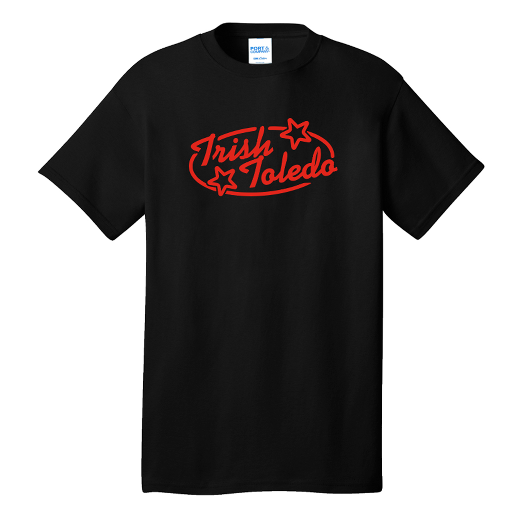 Black t-shirt with Trish's logo in red ink