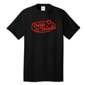 Black t-shirt with Trish's logo in red ink