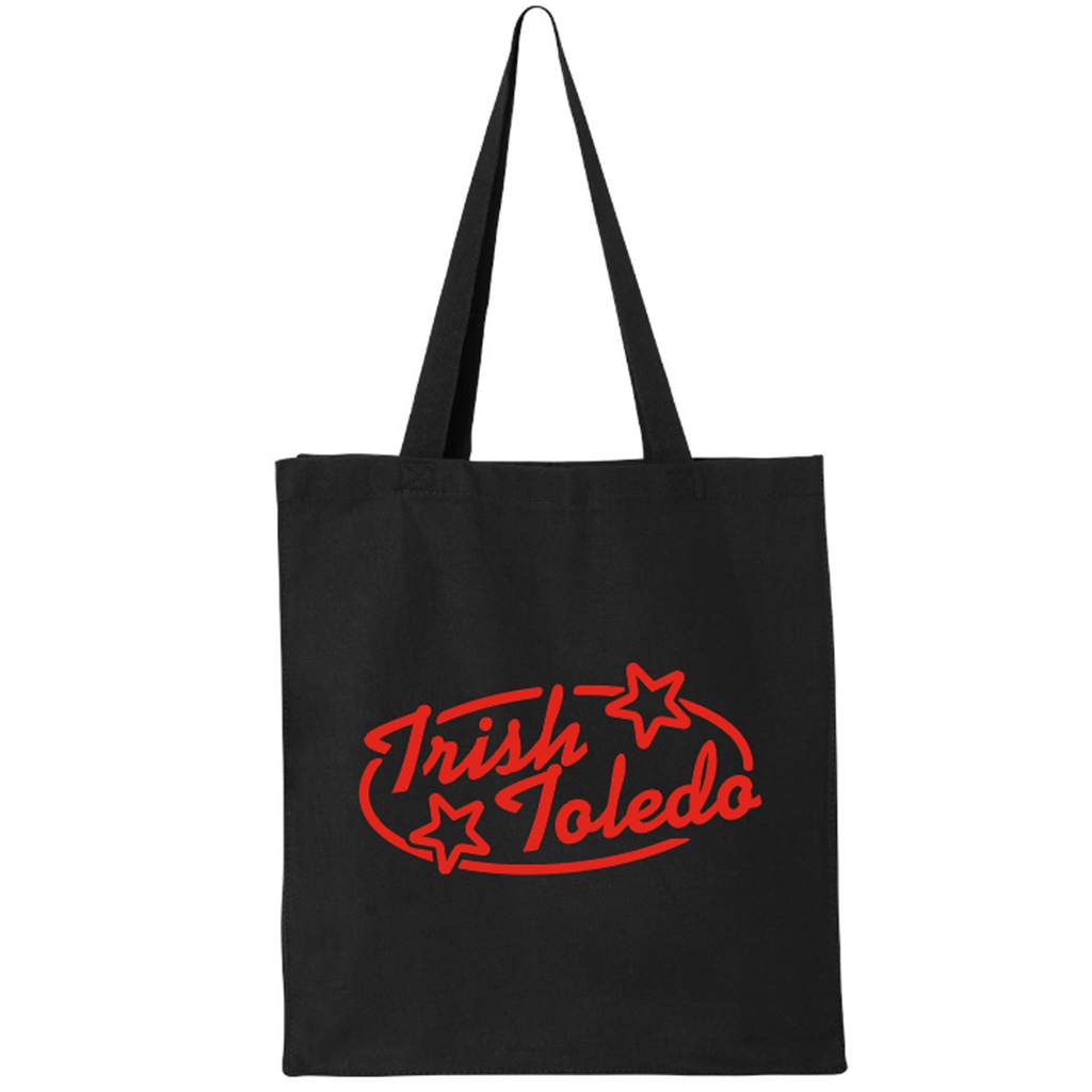 Black tote bag with Trish's logo in red ink