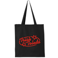 Black tote bag with Trish's logo in red ink