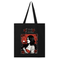 Black tote bag with Trish's name and image printed on one side.